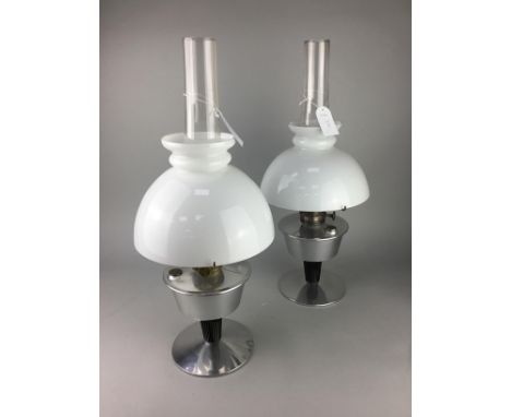 PAIR OF PARAFFIN STYLE TABLE LAMPS, with glass shades, along with a chrome table lamp with glass shade over a row of prismati
