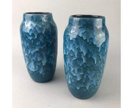PAIR OF WEST GERMAN CERAMIC VASES, in shades of blue, 22.5cm high