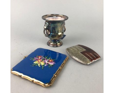 ART DECO COMPACT, along with a cigarette case and a silver plated miniature urn (3)