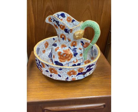 20TH CENTURY IRONSTONE EWER AND BASIN, 28cm high, along with another jug, an ashet and two plaques (6)