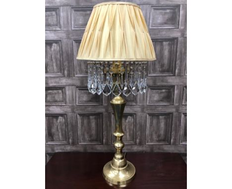 BRASS ELECTRIC TABLE LAMP, with a fabric shade over a row of prismatic drops, 89cm high