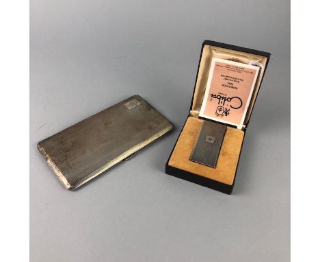 SILVER CIGARETTE CASE, with engine turned decoration, 16cm x 9cm, along with a vintage Colibri lighter (2)