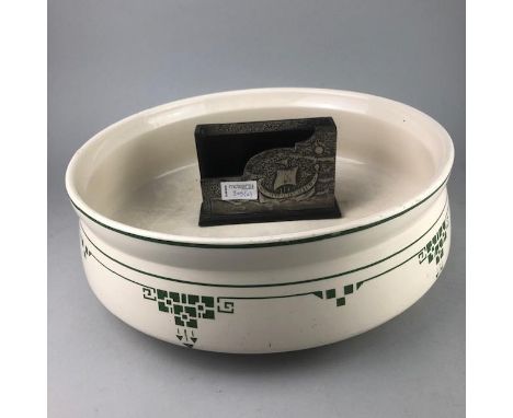 FRENCH CERAMIC 'SECESSIONIST' WASH BASIN, 34cm diameter, along with a pewter mounted letter rack (2)