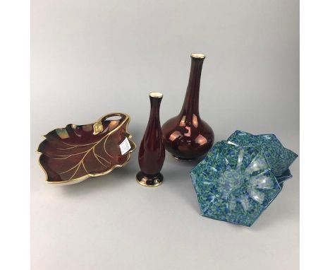 SET OF FIVE JAPANESE HEXAGONAL SAUCER PLATES, 13.5cm wide, along with two Carltonware vases and a lef shaped dish (8)