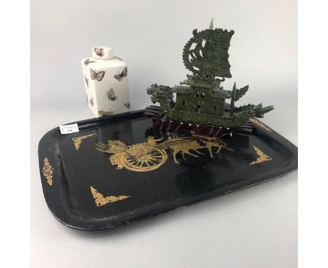 CHINESE LACQUERED TEA TRAY, 48cm wide, along with a ceramic tea caddy and hardstone model of a boat on stand (3)
