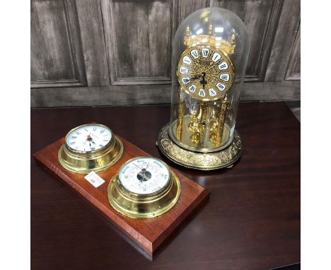 KUNDO ANNIVERSARY CLOCK, with glass dome, 30cm high overall, along with a wall hanging barometer (2)