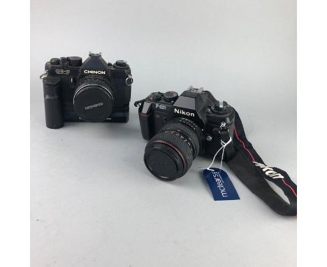 NIKON F-301 CAMERA, on strap, along with other cameras including a Chinon CE-3, Agfa Isolette, Olympus and Ensign, also inclu