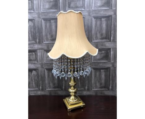 BRASS ELECTRIC TABLE LAMP, with a fabric shade over a row of prismatic drops, 76cm high