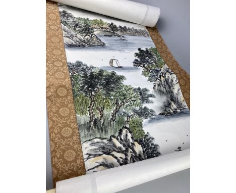 CHINESE HAND PAINTED SCROLL, silk backed wall hanging