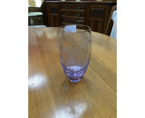 CAITHNESS AMETHYST GLASS VASE, engraved with a hummingbird, signed, 18cm high