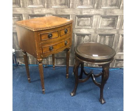 WALNUT BEDSIDE CHEST, with two drawers, 42cm wide, along with a mahogany plant stand (2)