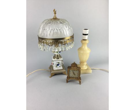 CRYSTAL AND CERAMIC TABLE LAMP, 40cm high, along with a baluster table lap and a gilt Emes clock (3)