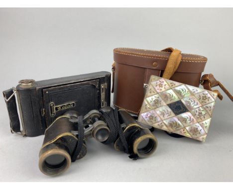 VICTORIAN MOTHER OF PEARL AIDE MEMOIRE, along with two items of mauchline ware, a Kodak box camera, a pair of binoculars and 