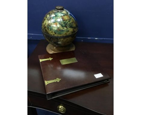 TERRESTRIAL GLOBE ICE BOX, 28cm high, along with a wooden photograph album, handbags, purses, silver plated tea service and v