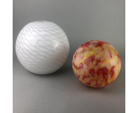 MARBLED GLASS GLOBULAR LAMP SHADE, 16cm high, along with a white glass shade (2)