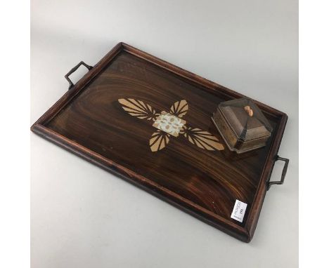 EARLY 20TH CENTURY STAINED WOOD BOX, with drawer, along with a stained wood twin handled tray, stained wood shelf and a metal