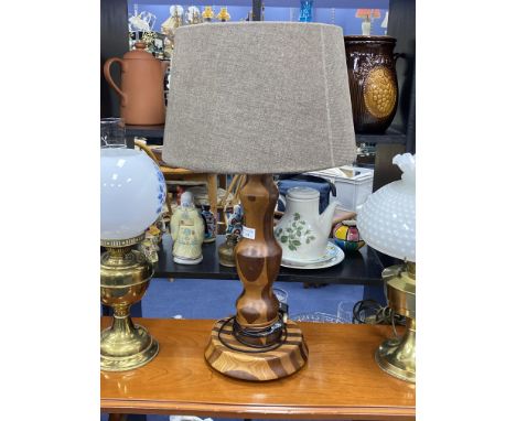 VICTORIAN GLASS OIL LAMP, 62cm high, with glass shade, along with another oil lamp converted to electricity and a turned wood