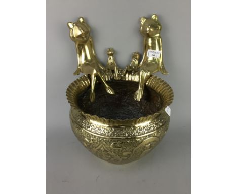 BRASS EMBOSSED PLANTER, 26cm diameter, along with a copper wall plate, a ceramic plate and other brass wares