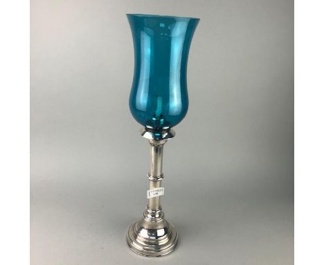 20TH CENTURY CANDLE LAMP, unmarked, with blue glass shade, 50cm high