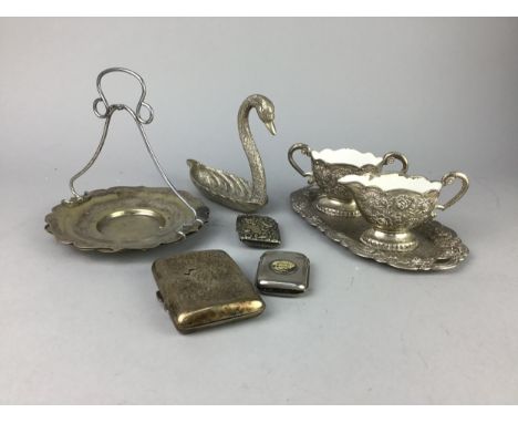 SILVER CIGARETTE CASE, along with plated vesta cases and other plated ware, also a lacquered casket and miniature tea service