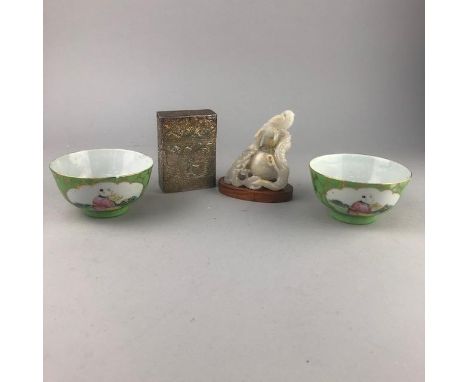 CHINESE JADE BOTTLE, carved with a dragon and bird, with stopper, on hardwood stand, 10cm high, along with a reverse painted 