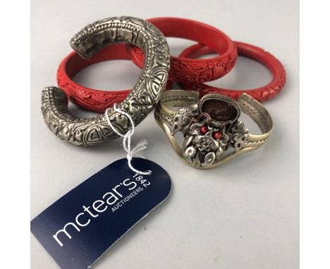 CHINESE WHITE METAL BANGLE, along with four others (5)