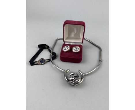 PAIR OF SILVER AND ENAMEL CUFFLINKS, marked Austria to the back, along with a German paste bracelet, and a Squadra blue neckl