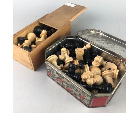 TWO MID 20TH CENTURY TURNED WOOD CHESS SETS, one contained in a wooden box