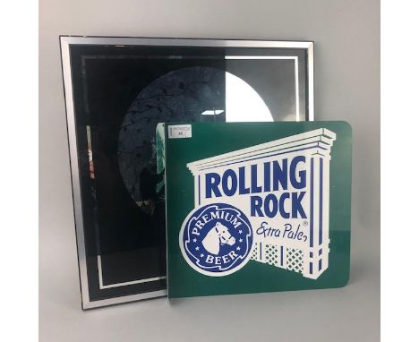 ROLLING ROCK ALE ENAMEL SIGN, 29.5cm high, along with a wall mirror (2)