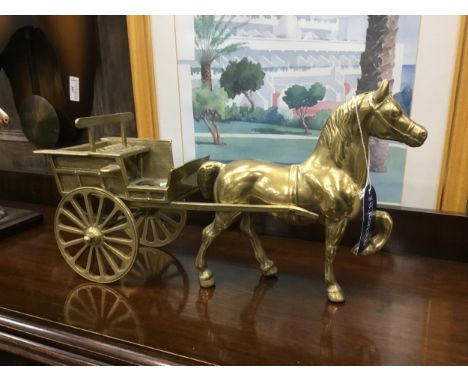 PAIR OF BRASS HORSE DRAWN CARTS, 39cm wide, along with a ceramic model of a horse, on a wood stand (3)