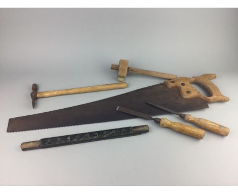 LOT OF VINTAGE TOOLS, including a plane, hand drill, ruler, and saw