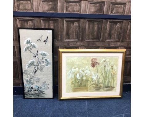 20TH CENTURY CHINESE PAINTING ON SILK, depicting birds, character marks to lower right, framed and under glass, 95cm x 41cm o