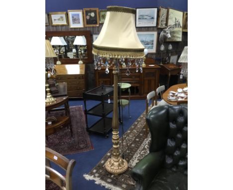 GILDED WOOD STANDARD LAMP, with fabric shade over a row of prismatic drops, 190cm high