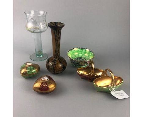 MALTESE GLASS VASE, 20cm high, along with a glass candlestick, ceramic pill boxes and other ceramics