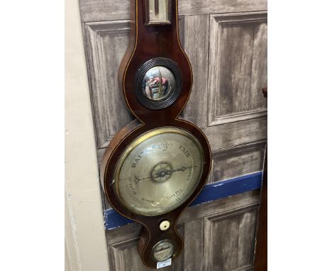 STAINED WOOD WHEEL BAROMETER, with Glasgow retail label to reverse, 97cm high