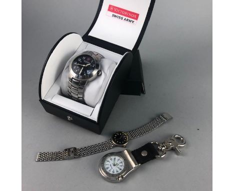 LADY'S GOLD CASED WRIST WATCH, on brown leather strap, along with a collection of watches including Rotary, Victorinox, Timex