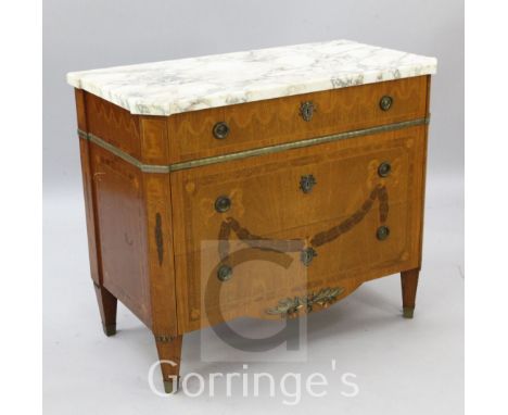 A Louis XVI style gilt metal mounted and marquetry three drawer commode, with grey veined white marble top, W.3ft 1.5in.