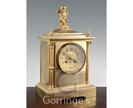 A 19th century French ormolu mantel clock, surmounted with cupid, with Marti movement, 14in.