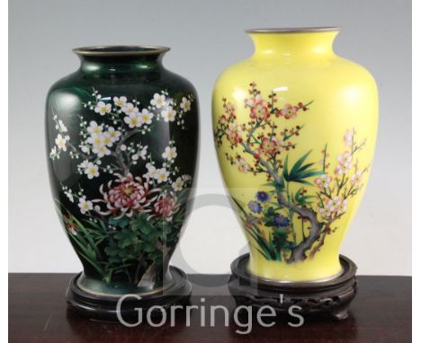 Two Japanese cloisonne enamel ovoid vases, mid 20th century, both 24.5cm, some damage, wood stands