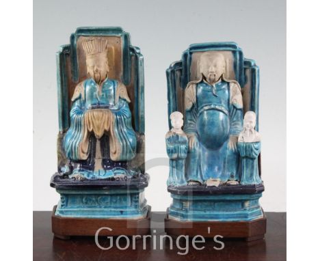 Two Chinese Fahua-decorated figures, Ming dynasty, the first modelled as a seated figure of the jade emperor on a throne, wit