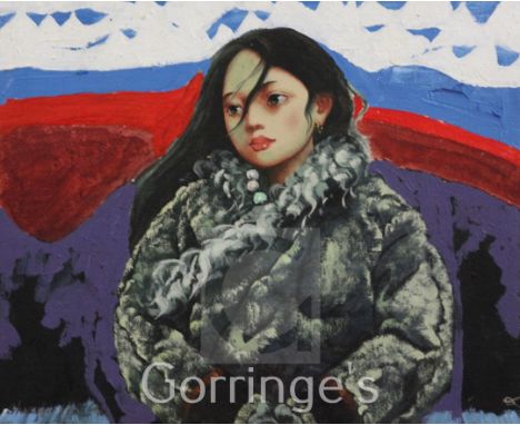 After Zhen Yifenoil on canvas,Portrait of a girl wearing a fur coat,signed,14 x 16.5in.