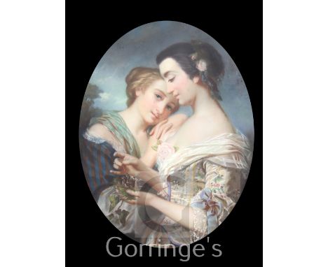 19th century English Schoolpastel,Portrait of two young ladies,oval, 31 x 25in.