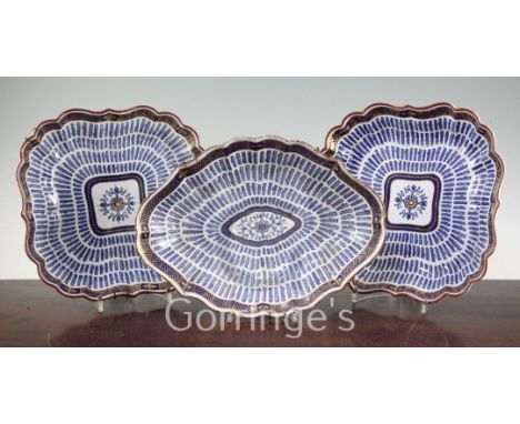 Three Worcester 'The Music Pattern' dessert dishes, Flight period, one with crescent mark, largest 30cm