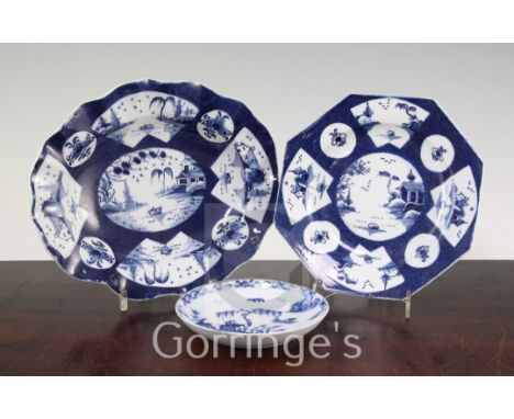 A Lowestoft blue and white saucer, c.1760-5 and a Bow powder blue ground octagonal plate and a similar shaped dish, c.1765-70