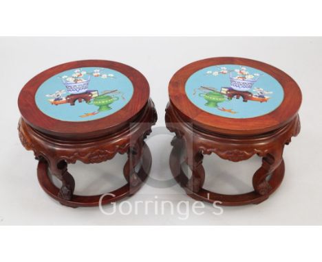 A pair of Chinese hardwood and cloisonne enamel stands or low tables, the cloisonne panels decorated with vessels and objects