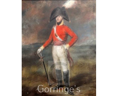 Thomas Arrowsmith (1771-1830)pastel,Portrait of an Army officer standing in a landscape, c.1804,17 x 14in.