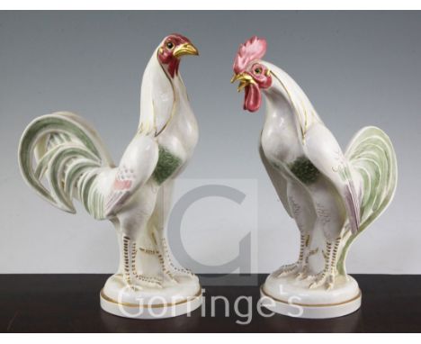 Two Royal Worcester figures ' Game Cock' and 'Chanticleer', modelled by Doris Lindner, model no's.3562 and 3561, black printe