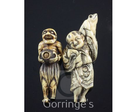 Two Japanese ivory netsuke of Sennin, the first in the form of Gama Sennin holding a toad upon his shoulder and a peach in hi