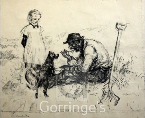 Edmund Blampied (1886-1966)lithograph,Girl watching the gardener eating his lunch,signed in pencil, numbered 31,overall 18.5 