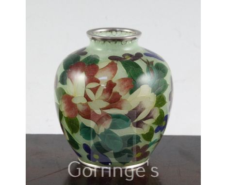 A Japanese plique-a-jour enamel ovoid vase, 20th century, decorated with polychrome flowers and leaves on a clear bubble infu